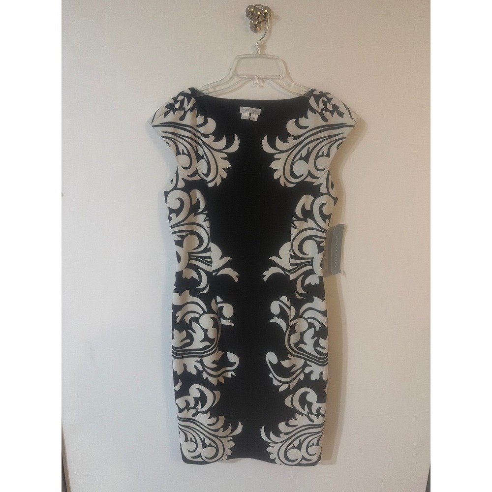 London Times Womens Black White Damask Scroll‎ Cap Sleeve Sheath Dress Size 10